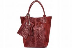 Shopper bag bordowy skórzany croco L94. Czerwone shopperki damskie z aplikacjami, z materiału, małe, zamszowe, bez dodatków. Za 230.99 zł.