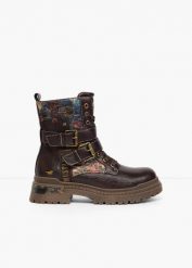 Botki sznurowane Mustang z klamrami. Brązowe botki damskie bonprix, bez wzorów, bez obcasa, bez zapięcia. Za 229.99 zł.
