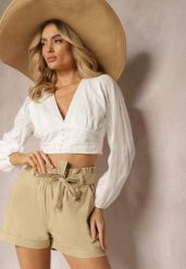 Beżowe Szorty High Waist Wiązane w Pasie Gilalilena. Brązowe szorty damskie Renee, bez wzorów, z materiału, eleganckie, z podwyższonym stanem. Za 39.99 zł.