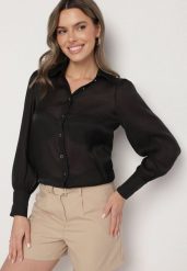 Czarna Klasyczna Koszula z Wiskozą Linarina. Czarne koszule damskie Born2be, m, bez wzorów, z jeansu, eleganckie, bez kołnierzyka, bez ramiączek. Za 49.99 zł.