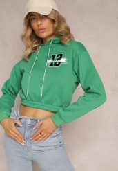 Zielona Krótka Bluza z Kapturem Ściągaczami i Ozdobnym Nadrukiem Relis. Zielone bluzy damskie Renee, l, z aplikacjami, casualowe, bez ramiączek, z kapturem. Za 34.99 zł.