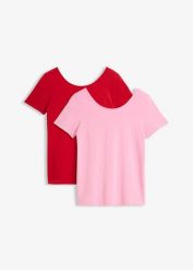 T-shirt z głębokim dekoltem na plecach (2 szt.). Czerwone t-shirty damskie bonprix, bez wzorów, bez kołnierzyka, bez ramiączek. Za 59.98 zł.