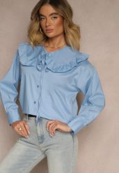 Niebieska Koszula z Bawełny w Stylu Retro z Wiązaniem i Kołnierzykiem z Falbankami Firsela. Niebieskie koszule damskie Renee, z aplikacjami, z bawełny, klasyczne, bez kołnierzyka, bez ramiączek. Za 89.99 zł.