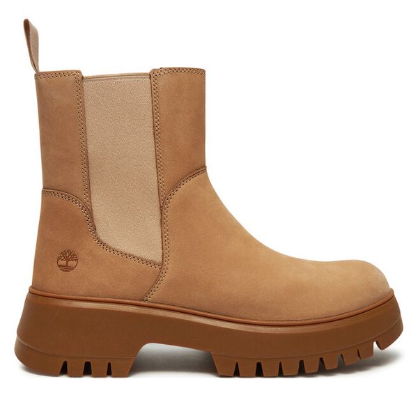 Sztyblety Timberland. Brązowe botki damskie Timberland, bez wzorów, bez obcasa, na płaskiej podeszwie, bez zapięcia. Za 519.99 zł.