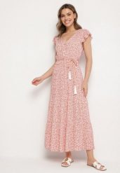 Różowa Sukienka Cadulenn. Czerwone sukienki damskie Born2be, l, z aplikacjami, z tkaniny, boho, bez kołnierzyka, bez ramiączek, maxi. Za 84.99 zł.