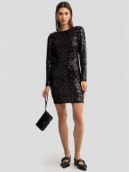 Sukienka damska mini cekinowa dopasowana czarna Efori 906. Czarne sukienki damskie BIG STAR, na imprezę, l, bez wzorów, z materiału, eleganckie, bez kołnierzyka, bez ramiączek, mini, dopasowane. W wyprzedaży za 139.99 zł.