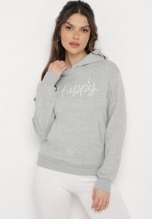 Szara Bluza z Kapturem Ozdobiona Nadrukiem Aidirra. Szare bluzy damskie Born2be, l, bez wzorów, casualowe, bez ramiączek, z kapturem. Za 79.99 zł.