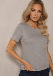 Ciemnoszary T-shirt Koszulka z Krótkim Rękawem i Okrągłym Dekoltem Tiarella. Szare bluzki damskie Renee, l, z aplikacjami, z jeansu, eleganckie, bez kołnierzyka, bez ramiączek. Za 19.99 zł.