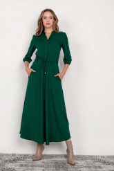 Długa Sukienka Odcinana w Pasie - Zielona. Zielone sukienki damskie Lanti, l, bez wzorów, z materiału, wizytowe, bez kołnierzyka, bez ramiączek, maxi. Za 349.90 zł.