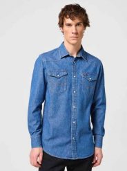 WRANGLER LS WESTERN SHIRT MĘSKA KOSZULA ELEGANCKA BARREL BLUE 112350488 W556015512. Niebieskie koszule męskie Wrangler, l, bez wzorów, eleganckie, bez kołnierzyka, bez ramiączek. Za 169.99 zł.
