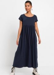 Sukienka T-shirtowa z bawełny organicznej. Niebieskie sukienki damskie bonprix, bez wzorów, z bawełny, bez kołnierzyka, bez ramiączek. Za 109.99 zł.