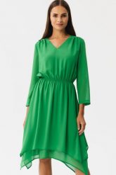 Elegancka zwiewna sukienka szyfonowa wizytowa zielona. Zielone sukienki damskie Stylove, na randkę, xxl, bez wzorów, z szyfonu, eleganckie, bez kołnierzyka, bez ramiączek, oversize. Za 379.00 zł.