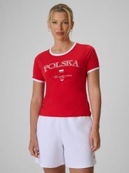 4F Koszulka kibica damska - czerwona L. Czerwone koszulki sportowe damskie 4F, l, bez wzorów, z bawełny, bez ramiączek. Za 59.99 zł.
