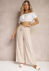 Jasnobeżowe Spodnie Palazzo High Waist z Bawełny Wykończone Gumką w Talii Nellsea. Brązowe spodnie materiałowe damskie Renee, bez wzorów, z bawełny, eleganckie, z podwyższonym stanem. Za 39.99 zł.