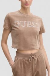 GUESS Brązowy top damski Couture Tee. Brązowe topy damskie Guess, s, bez wzorów, bez kołnierzyka, bez ramiączek. W wyprzedaży za 109.99 zł.