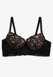 Czarno-Beżowy Biustonosz Push-Up Ozdobiony Koronką i Napisami z Cekinami Elisei. Czarne biustonosze Renee, bez wzorów, z koronki. Za 39.99 zł.