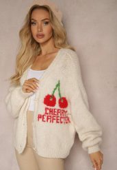 Jasnobeżowy Kardigan z Domieszką Wełny z Napisem i Wiśnią Benana. Brązowe kardigany damskie Renee, z aplikacjami, z jeansu, bez kołnierzyka. Za 159.99 zł.