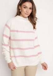 Beżowo-Różowy Sweter z Wiskozą w Paski Dintia. Czerwone swetry nierozpinane damskie Born2be, uniwersalny, bez wzorów, z jeansu, eleganckie, bez kołnierzyka, bez ramiączek. Za 64.99 zł.