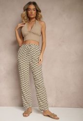 Ciemnobeżowe Bawełniane Spodnie z Kieszeniami Zdobione Geometrycznym Printem Lisariella. Brązowe spodnie materiałowe damskie Renee, z aplikacjami, z bawełny, eleganckie. Za 29.99 zł.