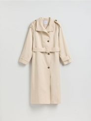 Trencz z bawełną - beżowy. Brązowe płaszcze damskie Reserved, l, bez wzorów, z bawełny, klasyczne, bez kołnierzyka, bez kaptura. Za 329.99 zł.