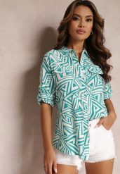 Zielono-Biała Koszula z Wiskozy w Geometryczny Print Jacelyn. Zielone koszule damskie Renee, l, bez wzorów, z jeansu, eleganckie, bez kołnierzyka, bez ramiączek. Za 49.99 zł.