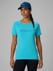 4F T-shirt slim z nadrukiem damski - turkusowy XS. Niebieskie t-shirty damskie 4F, l, bez wzorów, z materiału, bez kołnierzyka, bez ramiączek. Za 49.99 zł.