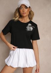 Czarny Bawełniany T-shirt z Ozdobnym Nadrukiem i Cyrkoniami Teomala. Czarne t-shirty damskie Renee, l, bez wzorów, z bawełny, eleganckie, bez kołnierzyka, bez ramiączek. Za 34.99 zł.
