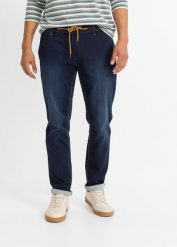 Joggery jeansowe regular fit z elastyczną gumką w talii, tapered. Niebieskie jeansy męskie bonprix, z dresówki, vintage. Za 159.99 zł.