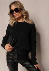 Czarny Dzianinowy Sweter z Okrągłym Dekoltem Aissorne. Czarne swetry nierozpinane damskie Renee, na zimę, bez wzorów, z dzianiny, casualowe, bez kołnierzyka, bez ramiączek. Za 69.99 zł.