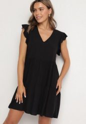 Czarna Rozkloszowana Sukienka z Bawełny Ozdobiona Falbankami Natiriane. Czarne sukienki damskie Born2be, na co dzień, na lato, l, bez wzorów, z bawełny, eleganckie, bez kołnierzyka, bez ramiączek, mini, rozkloszowane. Za 39.99 zł.