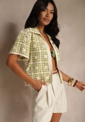 Zielona Koszula z Bawełny Ozdobiona Geometrycznym Wzorem Melundria. Zielone koszule damskie Renee, uniwersalny, bez wzorów, z bawełny, eleganckie, bez kołnierzyka, bez ramiączek. Za 129.99 zł.