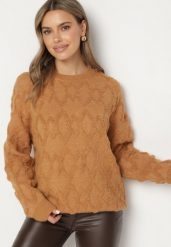 Brązowy Sweter o Luźnym Kroju i Wzorzystym Splocie ze Ściągaczami Elondrae. Brązowe swetry nierozpinane damskie Born2be, uniwersalny, bez wzorów, z bawełny, eleganckie, bez kołnierzyka, bez ramiączek. Za 149.99 zł.
