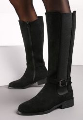 Czarne Kozaki Muszkieterki z Elastyczną Wstawką Vosline. Czarne kozaki damskie Born2be, bez wzorów, bez obcasa, na płaskiej podeszwie, bez zapięcia. Za 69.99 zł.