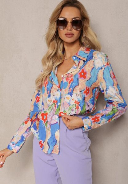 Niebiesko-Beżowa Koszula z Bawełny z Abstrakcyjnym Printem z Kwiatami i Długim Rękawem Silwina. Niebieskie koszule damskie Renee, l, bez wzorów, z bawełny, biznesowe, bez kołnierzyka, bez ramiączek. Za 109.99 zł.