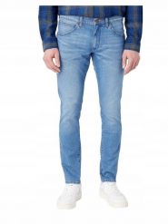 WRANGLER BRYSON MĘSKIE SPODNIE JEANSOWE HALT W14XHN310. Niebieskie spodnie materiałowe męskie Wrangler, bez wzorów, z bawełny, z obniżonym stanem. Za 229.99 zł.