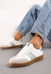 Biało-Srebrne Sneakersy Tenisówki na Kauczukowej Podeszwie Alleia. Białe trampki i tenisówki damskie Born2be, bez wzorów, z jeansu, bez zapięcia. Za 99.99 zł.