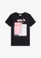 Koszulka bawełniana. Czarne bluzki damskie bonprix, bez wzorów, z bawełny, eleganckie, bez kołnierzyka, bez ramiączek. Za 27.99 zł.
