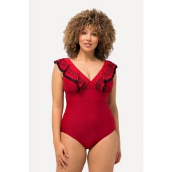 Damskie Strój kąpielowy falbanki cięty laserowo dekolt w serek miękkie miseczki. Czerwone stroje kąpielowe damskie Ulla Popken, plus size, bez wzorów, z elastanu. Za 294.99 zł.