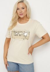 Beżowy T-shirt Bawełniany Ozdobiony Cekinami Lirenell. Brązowe t-shirty damskie Born2be, xl, bez wzorów, z bawełny, biznesowe, bez kołnierzyka, bez ramiączek. Za 39.99 zł.