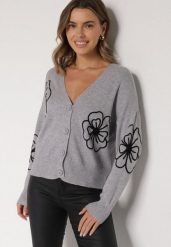 Szary Kardigan na Guziki w Haftowane Kwiaty Tustara. Szare kardigany damskie Born2be, l, bez wzorów, z jeansu, bez kołnierzyka. Za 79.99 zł.