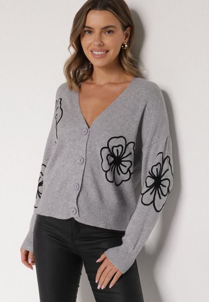 Szary Kardigan na Guziki w Haftowane Kwiaty Tustara. Szare kardigany damskie Born2be, l, bez wzorów, z jeansu, bez kołnierzyka. Za 79.99 zł.
