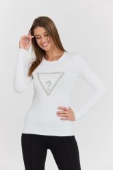 GUESS Biały damski sweter Rylie Triangle z dużym logo. Białe swetry nierozpinane damskie Guess, s, z aplikacjami, z elastanu, eleganckie, bez kołnierzyka, bez ramiączek. W wyprzedaży za 322.99 zł.