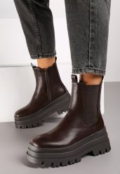 Brązowe Botki Sztyblety w Stylu Grunge na Platformie Wykończone Elastyczną Wstawką Tinaias. Brązowe botki damskie Renee, bez wzorów, z jeansu, z okrągłym noskiem, bez obcasa, na obcasie, bez zapięcia. Za 159.99 zł.