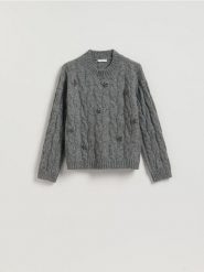 Sweter z błyszczącą aplikacją - szary. Szare swetry nierozpinane damskie Reserved, l, z aplikacjami, z dzianiny, bez kołnierzyka, bez ramiączek. Za 159.99 zł.