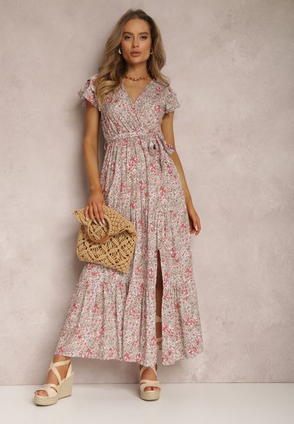 Zielono-Czerwona Sukienka Oreithanassa. Zielone sukienki damskie Renee, na lato, l, z aplikacjami, z materiału, bez kołnierzyka, bez ramiączek, maxi, kopertowe. Za 99.99 zł.