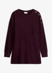 Sweter z mieszanki wiskozy, z ozdobną plisą guzikową. Czerwone swetry nierozpinane damskie bonprix, bez wzorów, z dzianiny, eleganckie, bez kołnierzyka, bez ramiączek. Za 124.99 zł.
