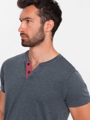 T-shirt męski z rozpinanym okrągłym dekoltem henley – granatowy V5 - Rozmiar: S. Niebieskie t-shirty męskie Ombre Clothing, m, bez wzorów, z bawełny, bez kołnierzyka, bez ramiączek. W wyprzedaży za 39.99 zł.