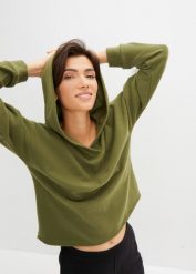 Bluza z materiału w optyce dzianiny. Zielone bluzy damskie bonprix, bez wzorów, z dzianiny, bez ramiączek, z kapturem. Za 139.99 zł.