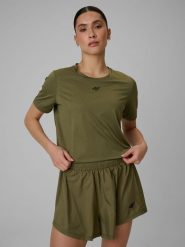 4F Crop top treningowy slim szybkoschnący damski - oliwkowy XL. Brązowe koszulki sportowe damskie 4F, l, bez wzorów, bez ramiączek, na fitness i siłownię. Za 119.99 zł.