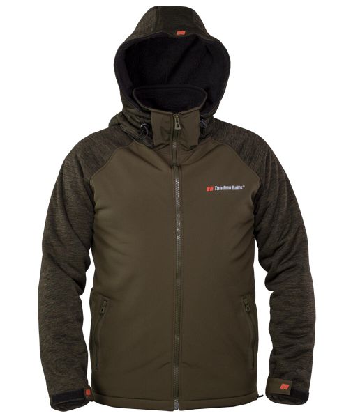 Softshell Kurtka z wędkarska kapturem. Zielone kurtki męskie TANDEM BAITS, na jesień, l, bez wzorów, z materiału, biznesowe. Za 319.22 zł.